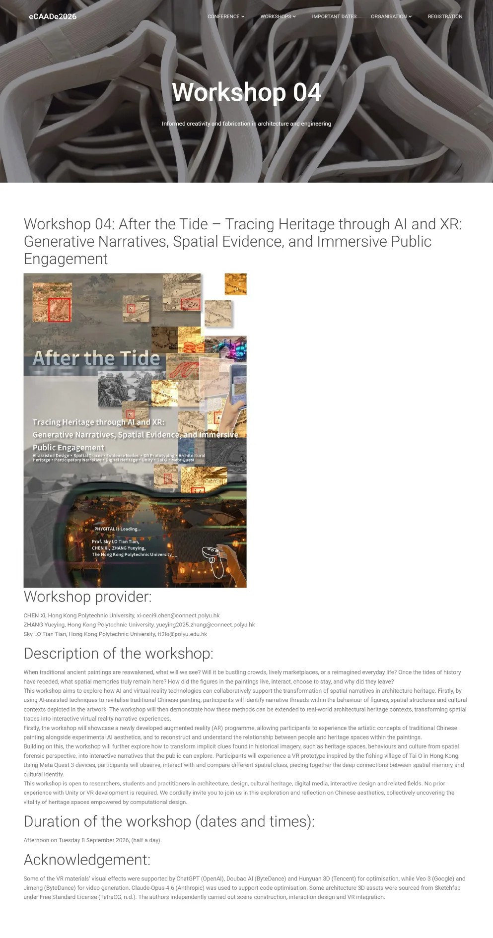 Archived screenshot of the official eCAADe 2026 Workshop 04 webpage
